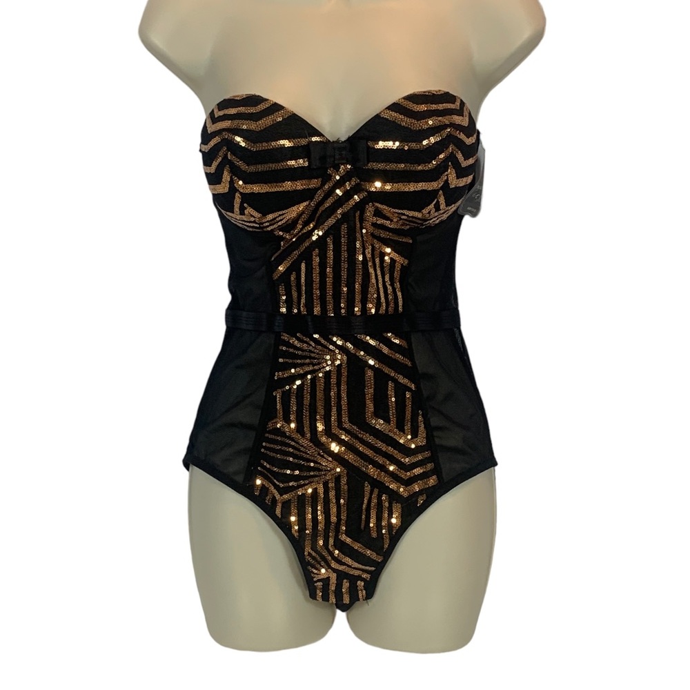 Black Fuchsia by Secret Lace Black Sheer Bodysuit Rose Gold Sequin Detail- Large